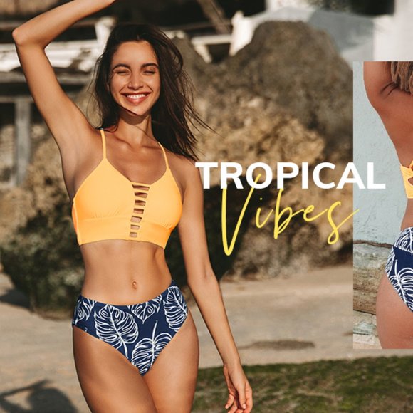 Cupshe Women's Leaves Print Two Piece Bikini Swimsuit Set V Neck Lace Up size M - Picture 1 of 15